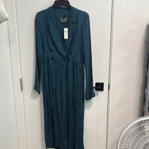 Anthropologie Teal Lace-Textured Long-Sleeve Wrap Dress